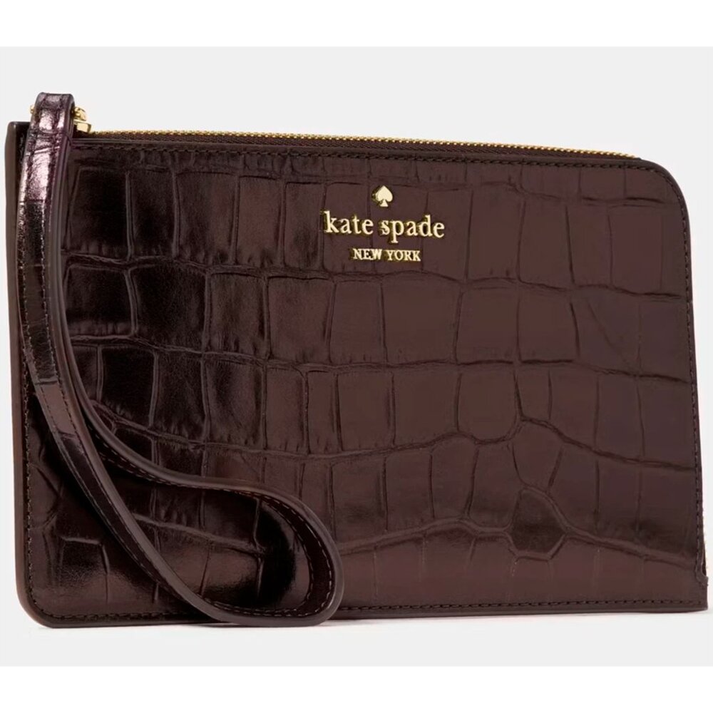 S Kate Spade Lucy Croc Embossed Medium L-Zip Brown Leather Wristlet KM601 NWT